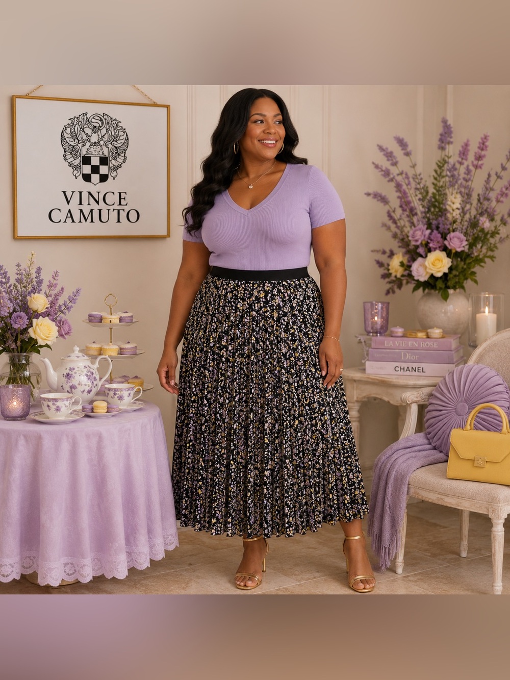 31. NWT Vince Camuto Black Floral Pleated Skirt (XL)